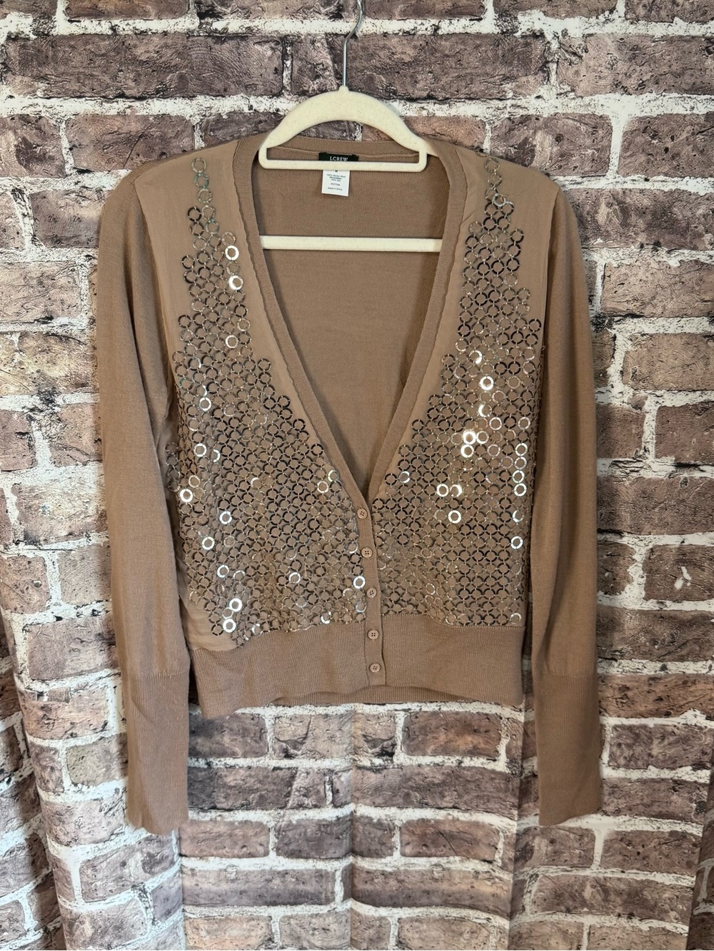 J.Crew Women’s M Brown Merino Wool Silk Sequin Disc Cardigan Sweater